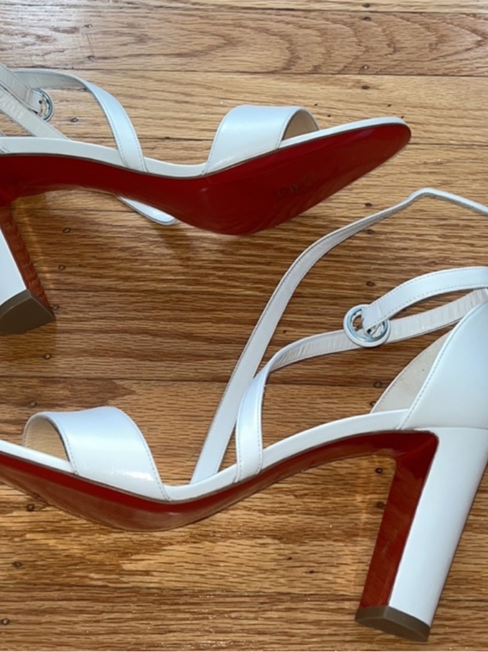 Christian Louboutin White Strappy Block Heel Sandals with Signature Red Sole - Picture 6 of 12